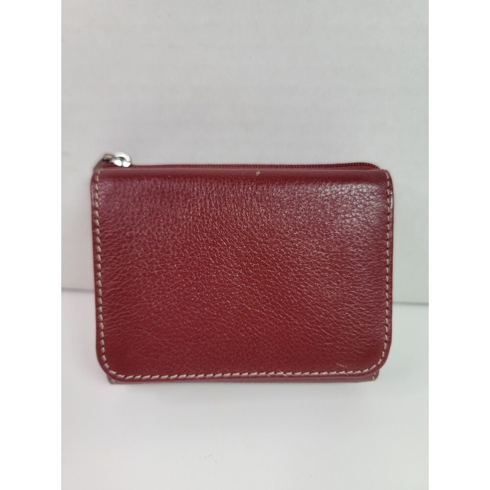 Women’s Genuine Leather Burgundy Red Compact Bifold Wallet Zip Coin ID Card